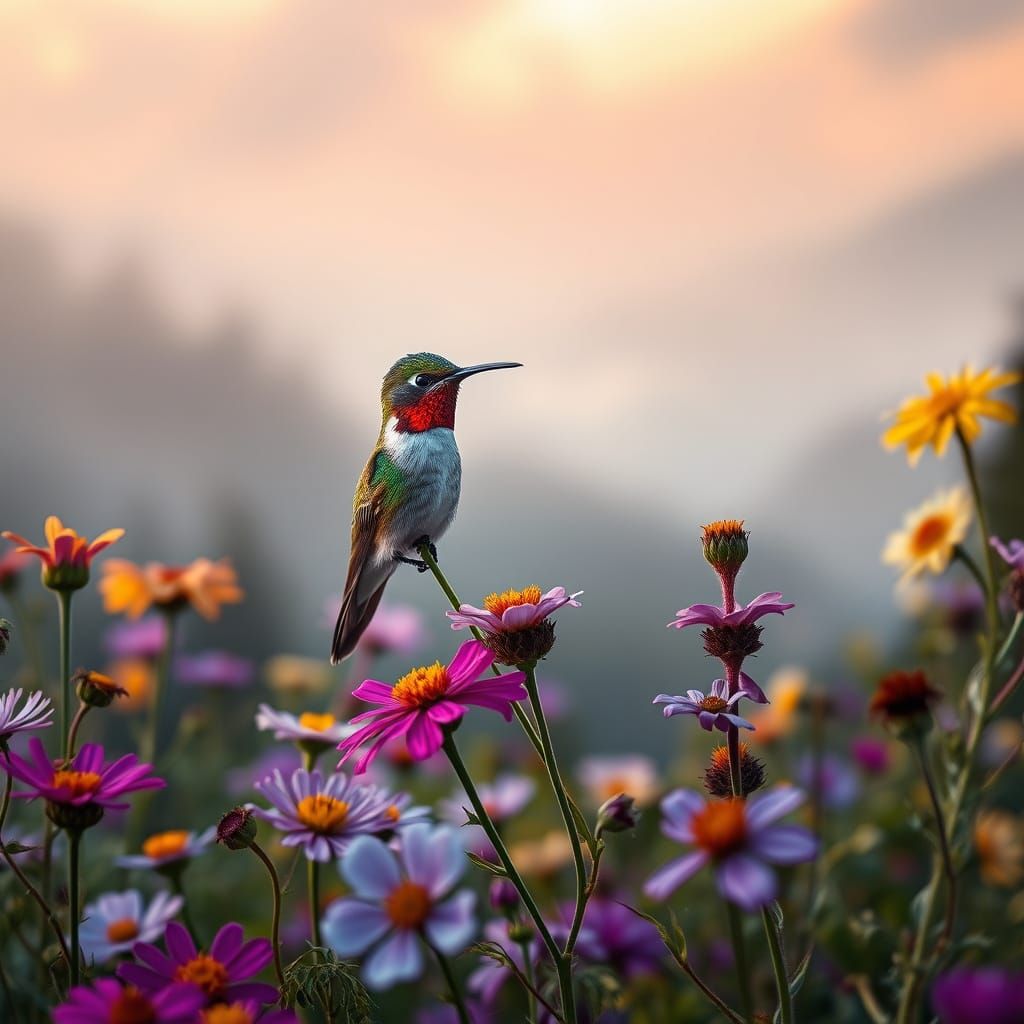 Majestic Hummingbird Amidst Vibrant Wildflowers in Misty Mou...