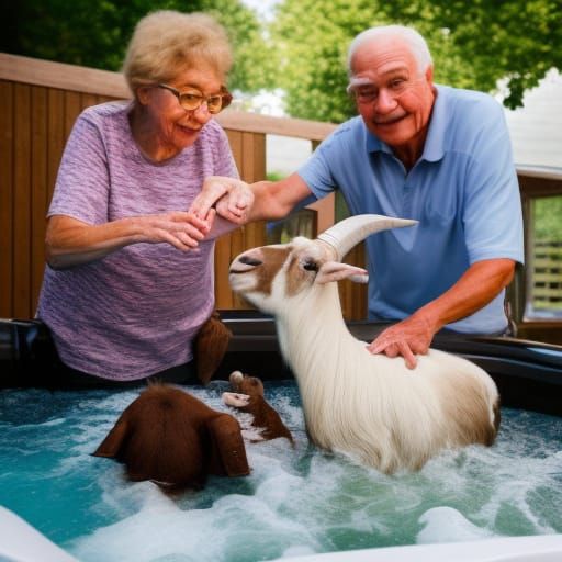 Grandma, Grandpa, and a goat having a party in the hot tub