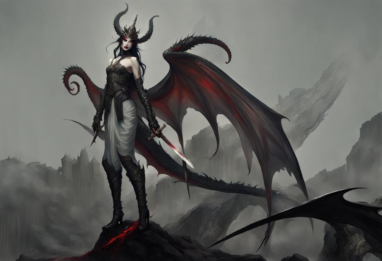 Eldritch Demon Woman with Swords and Dragon Wings