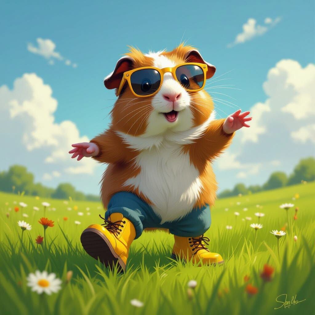 Guinea Pig Dancing in Yellow Boots on Green Meadow