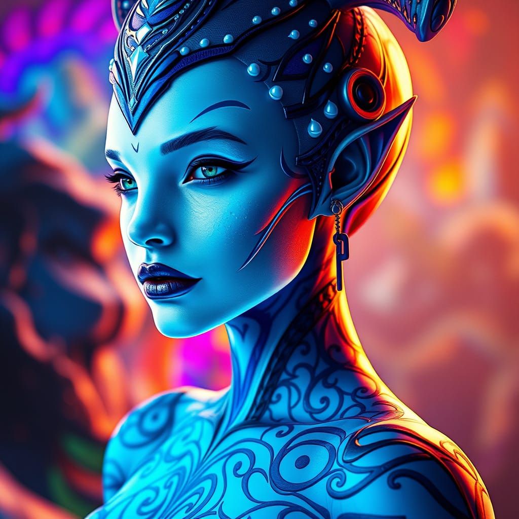 Ethereal Asari Empress in Vibrant, Electric Blue Hues