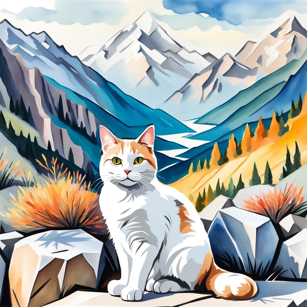 Cat Mountain Landscape Sticker in Gouache Watercolor