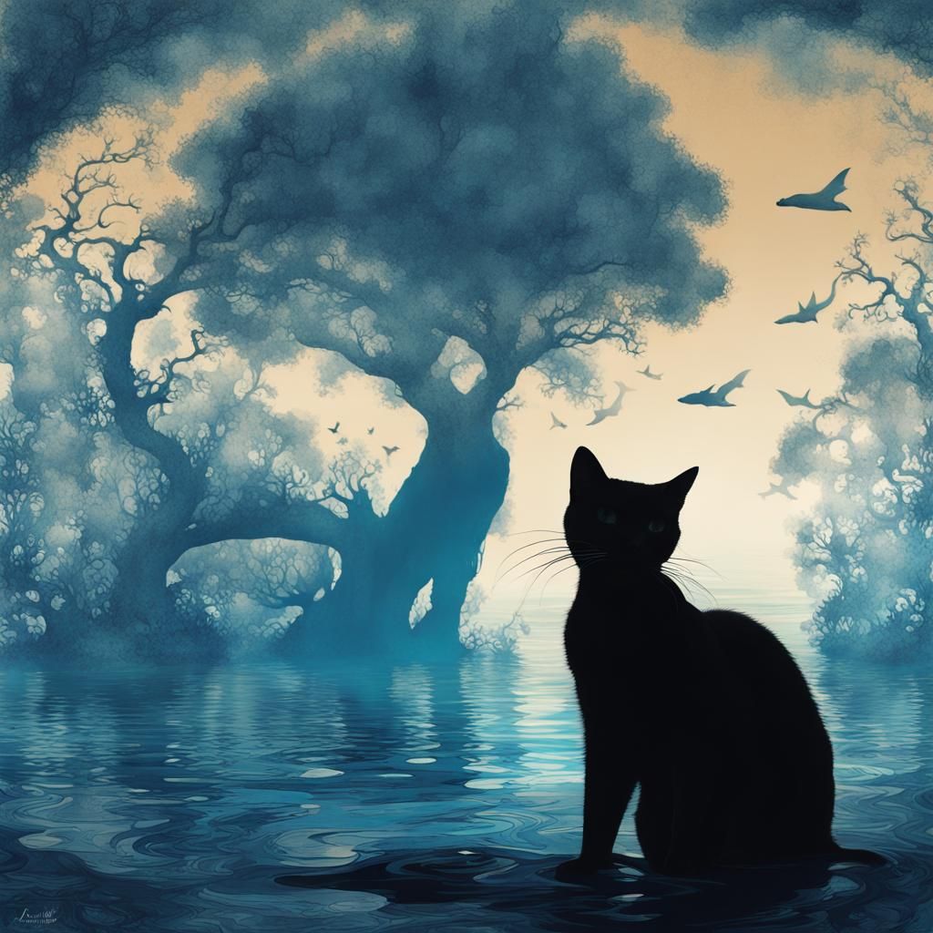 Mystical Cat Silhouette in Double Exposure Art