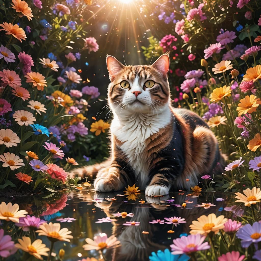 Cosmic Cat in a Maximalist Flower Garden