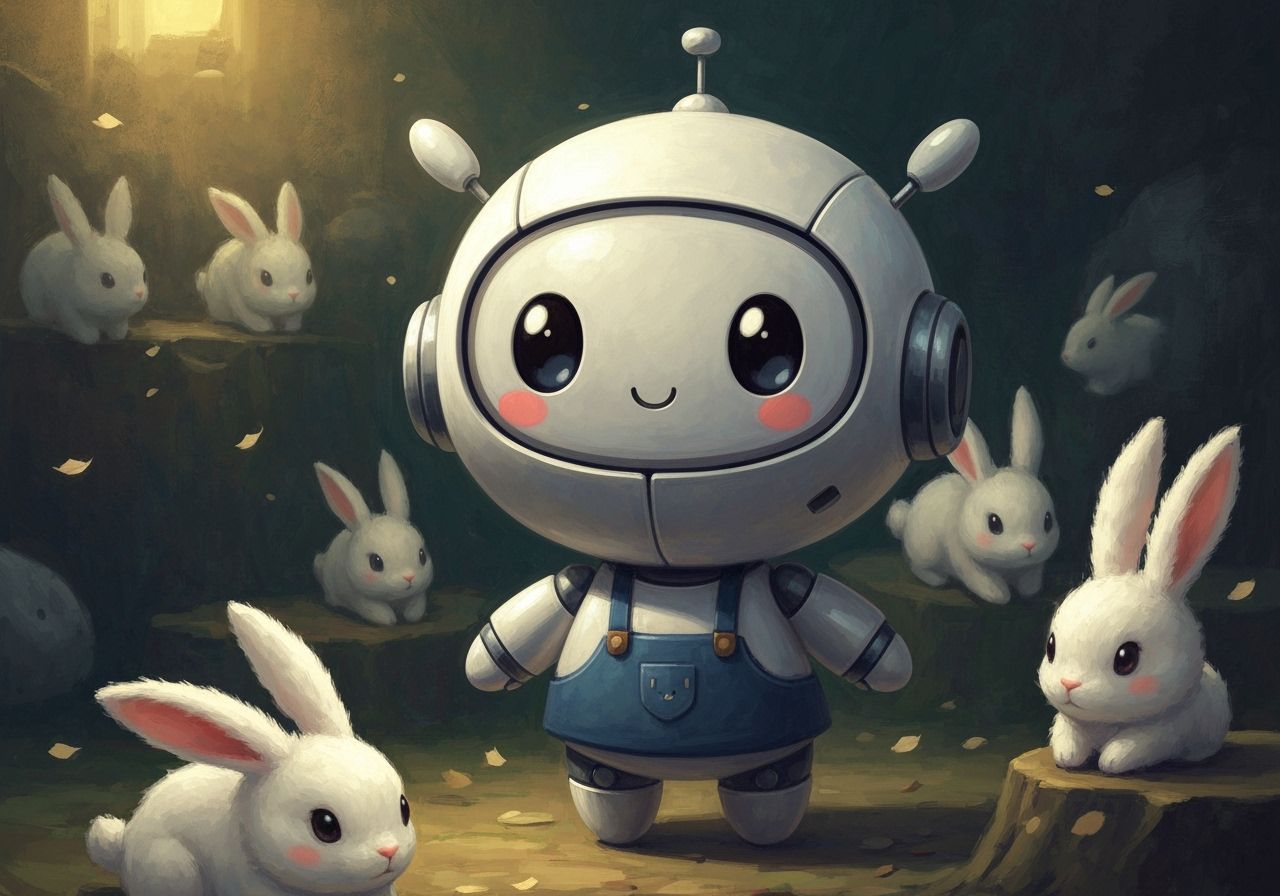 Chibi Robot with Bunnies in Fantasy Oil Painting Style