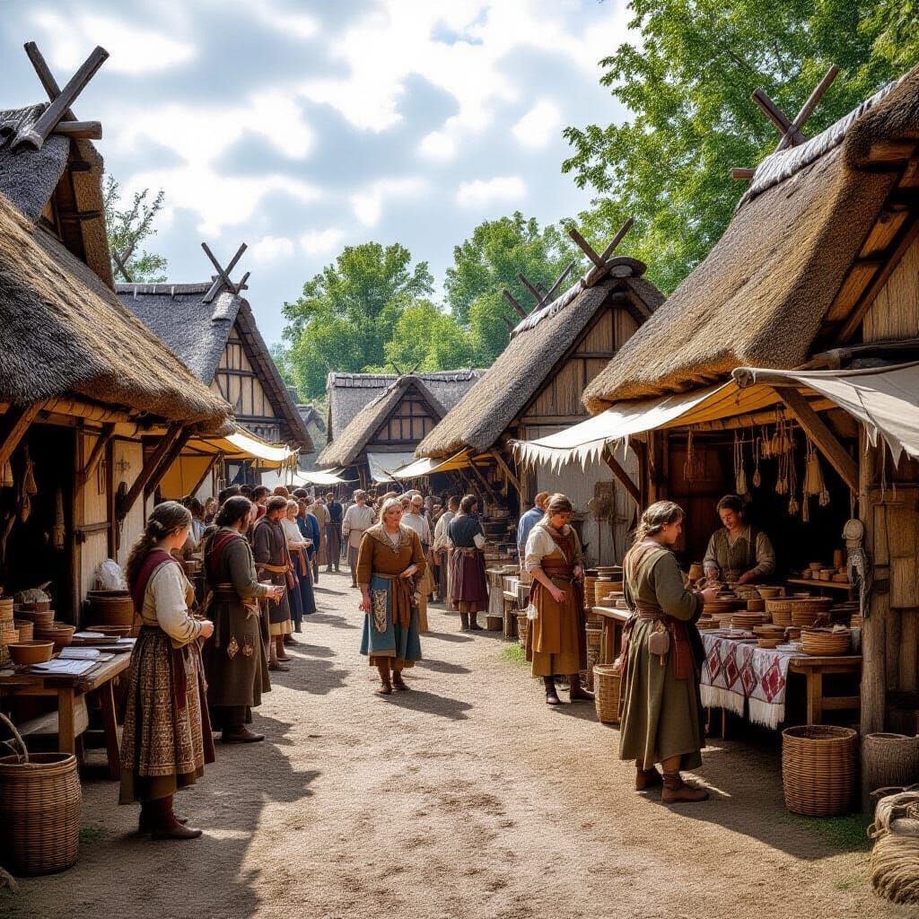 Bustling Anglo-Saxon Village Marketplace Scene