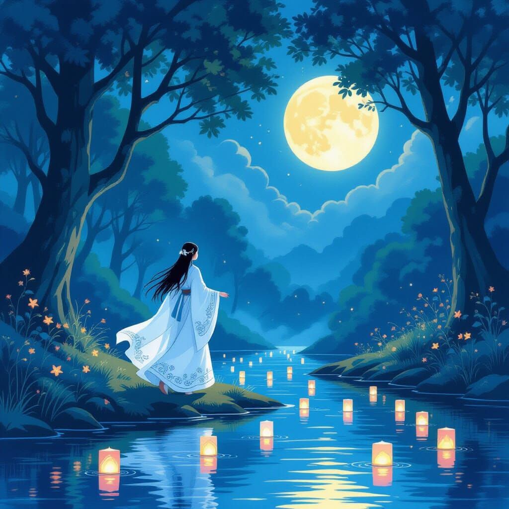 Moon Priestess Walks Along Riverbank: Watercolor Painting