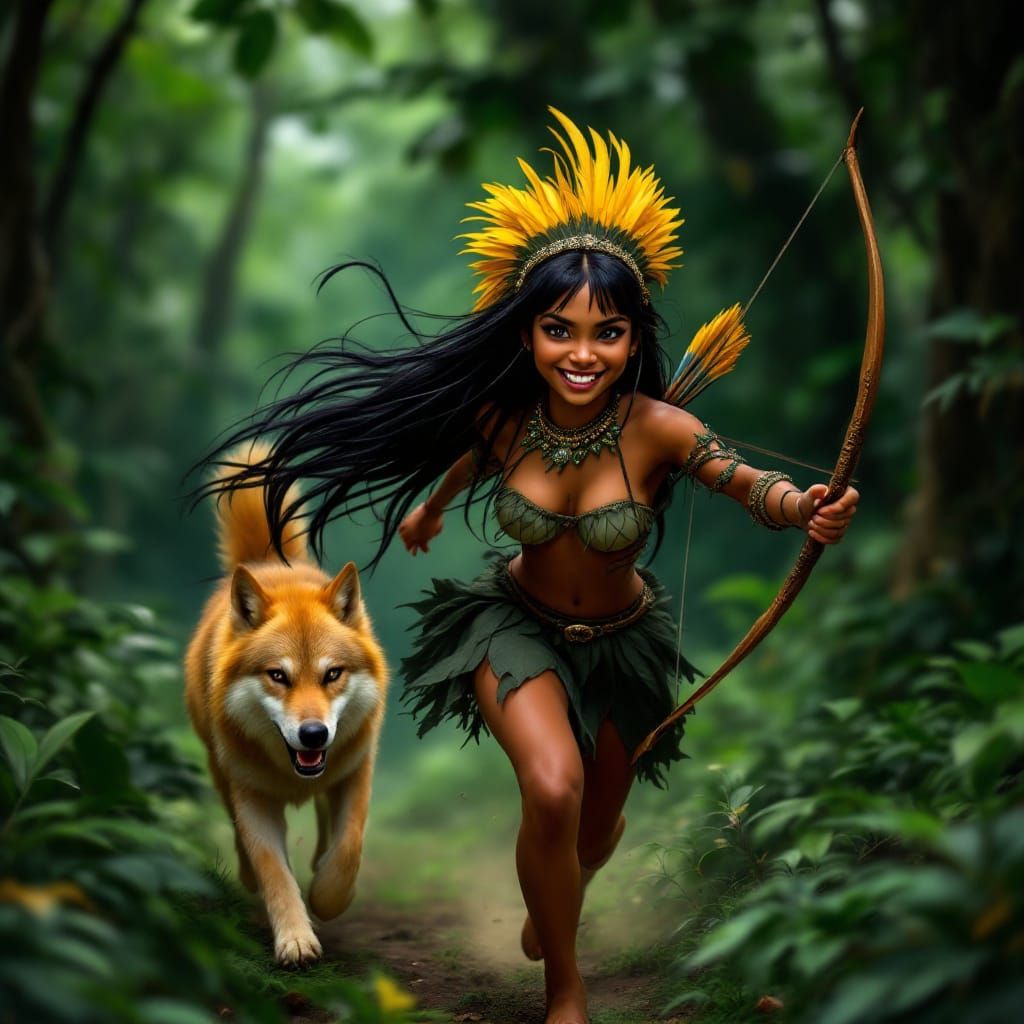 Brazilian Indian Woman Running Through Jungle with Wolf