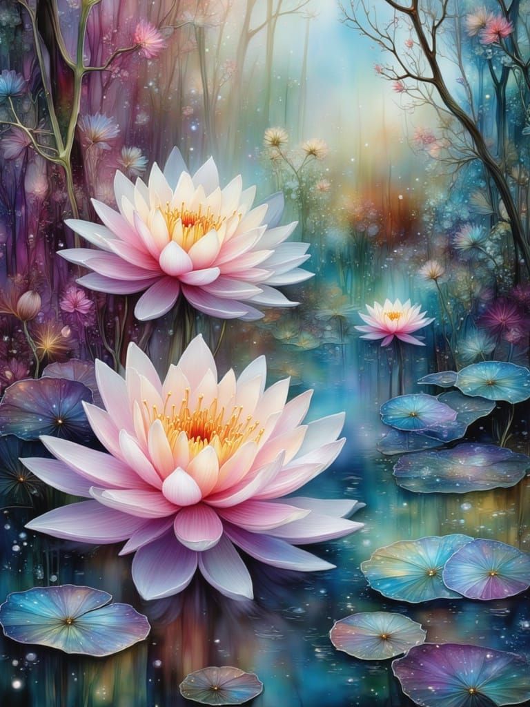 Ethereal Water Lilies in Pastel Watercolor Style