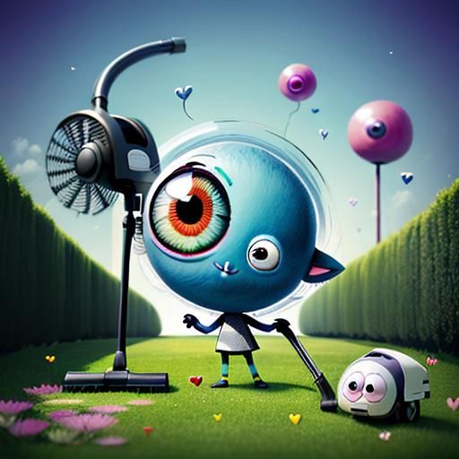 Chibi Eyeball Creature Vacuums Lawn
