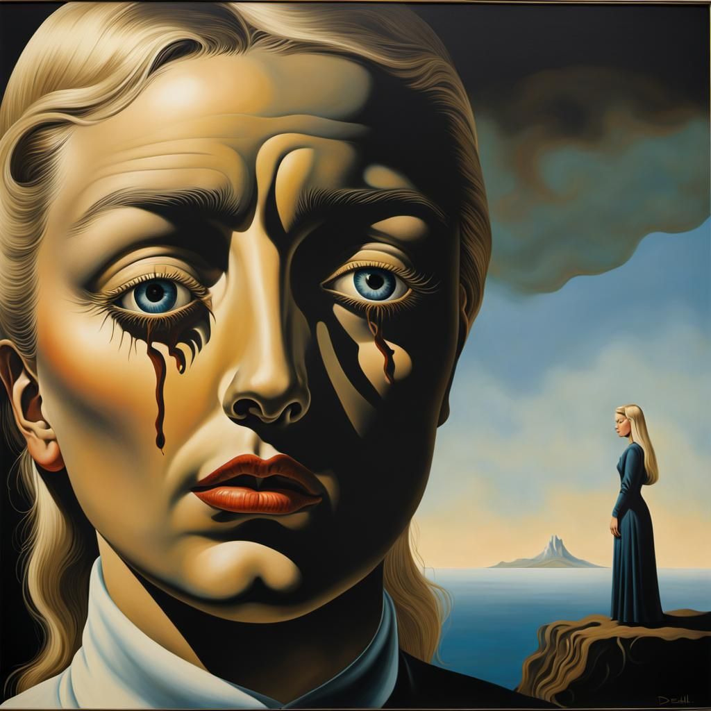 Crying Woman and Shadow Creature in Surrealist Style