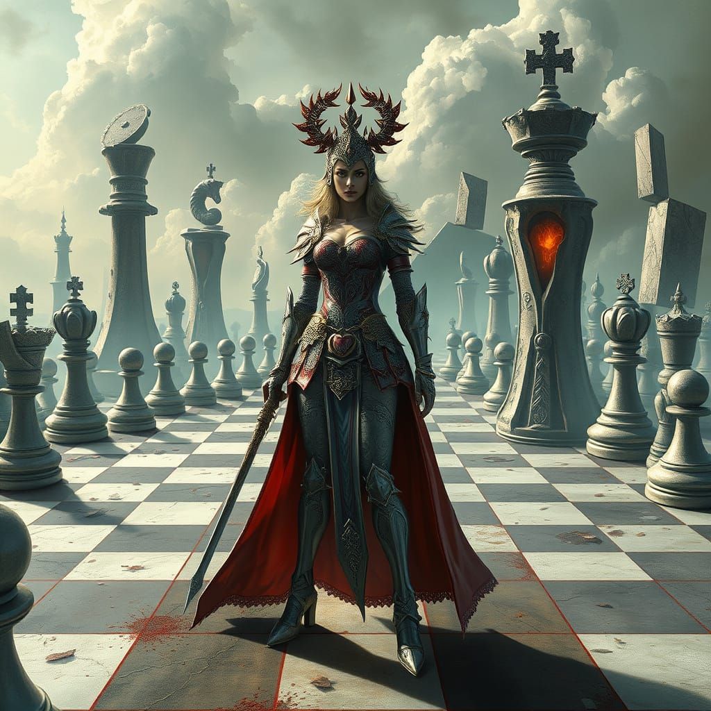 Surreal Chess Battlefield with Heart Warrior