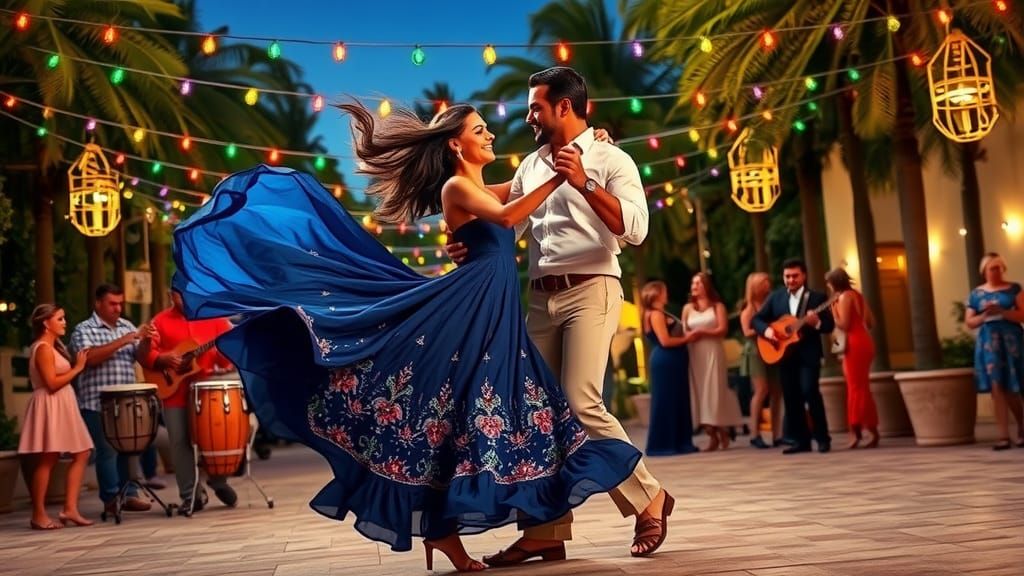 Salsa Dancers in a Vibrant Tropical Plaza