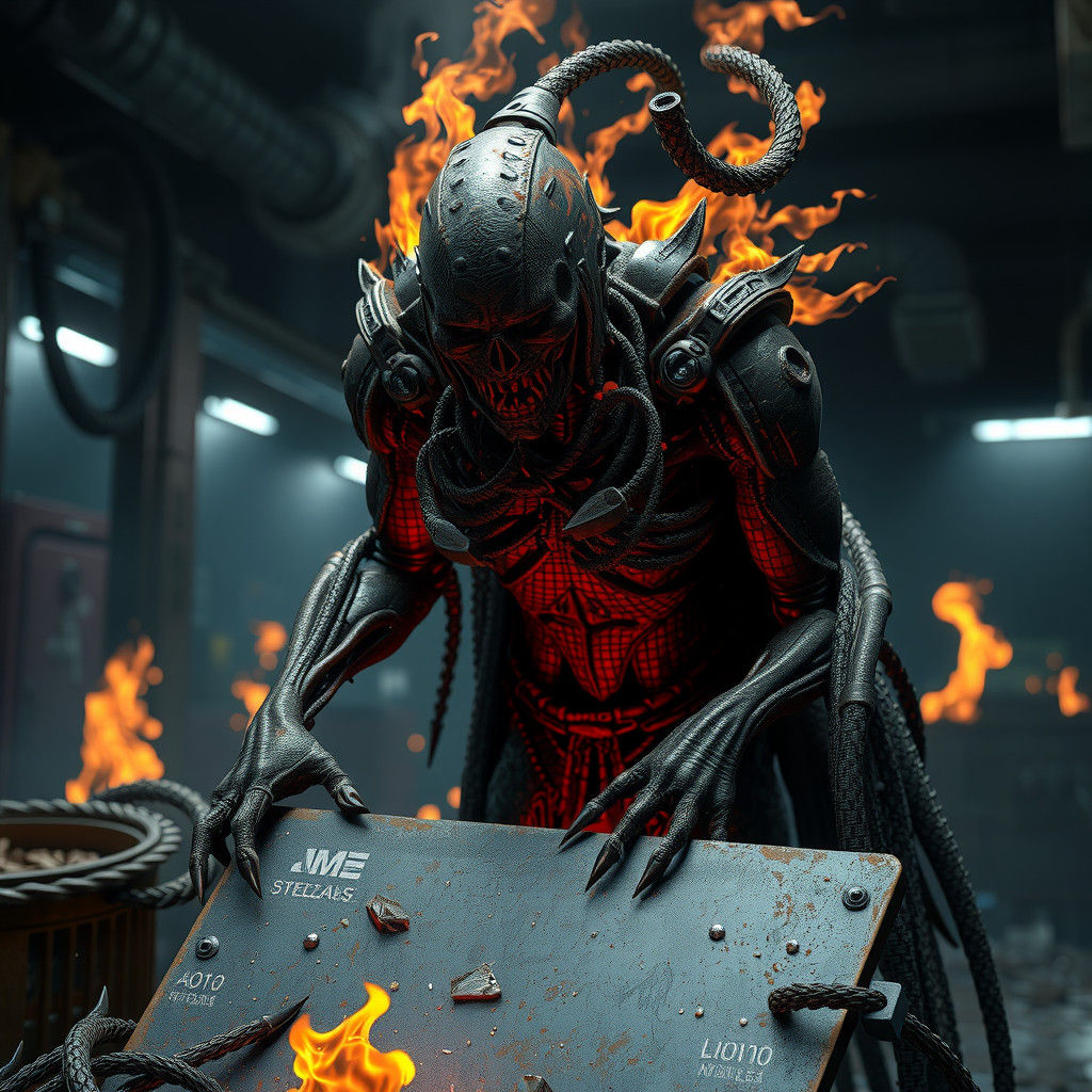 Humanoid Figure Consuming Steel in Dark Industrial Setting