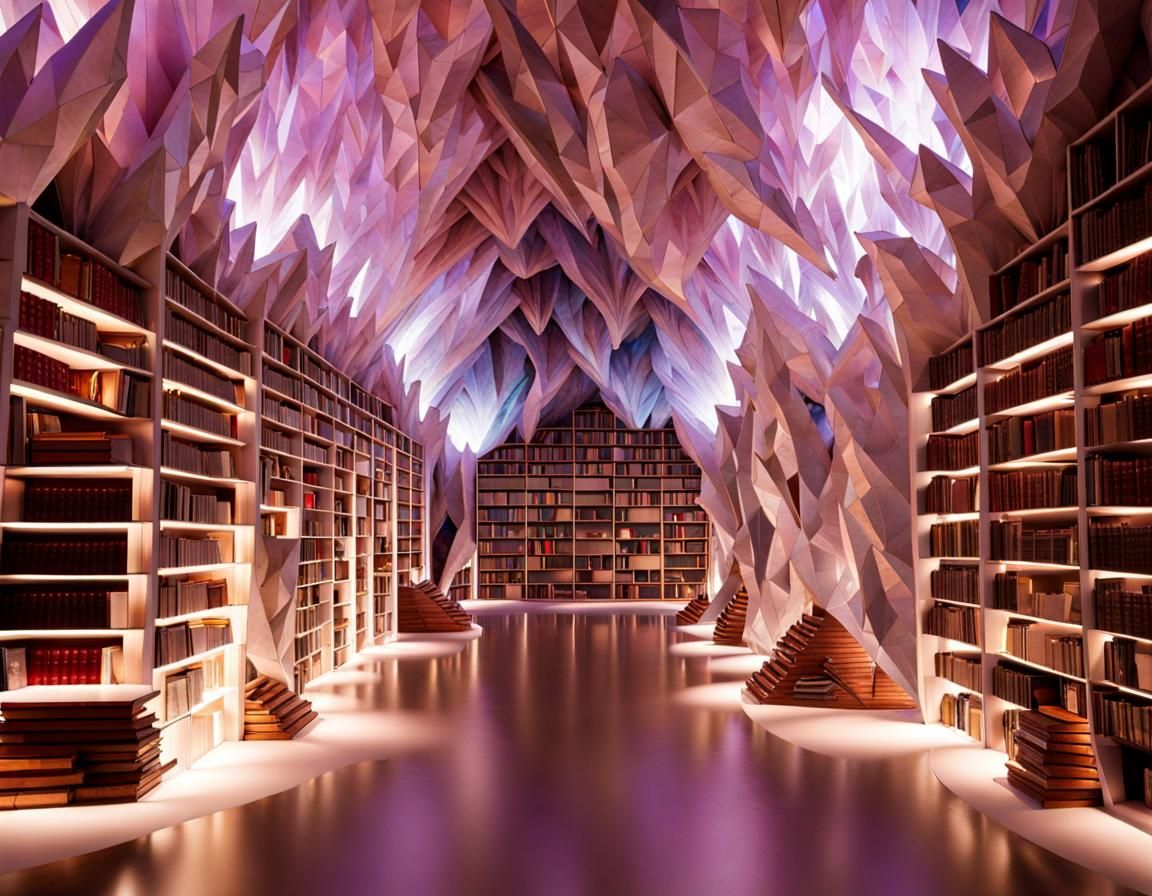 Crystal Library in Cavern: Books Made of Crystals