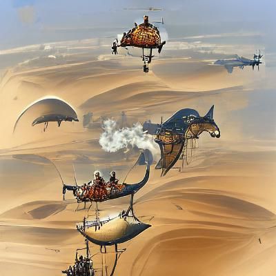 Arabian Steampunk Scene with Camels and Airships