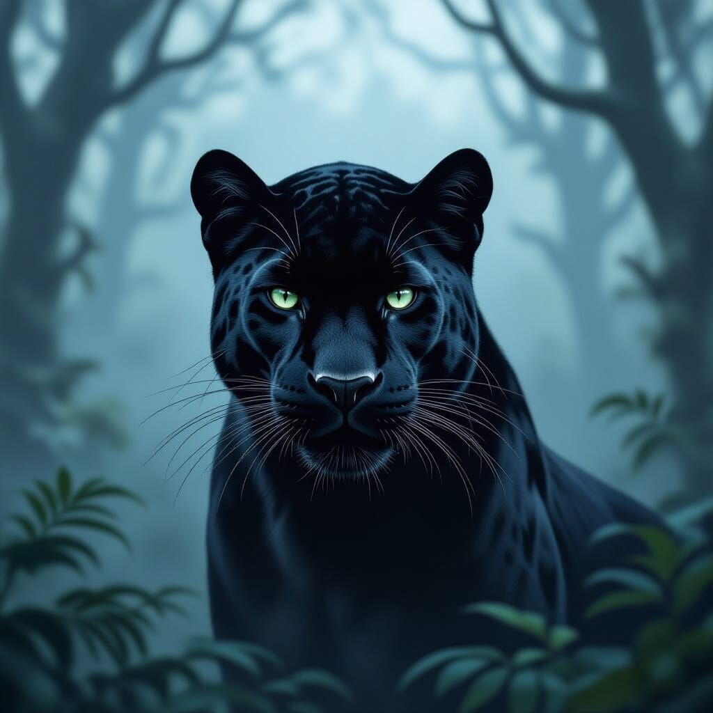 Majestic Black Panther in Misty Forest, Digital Art