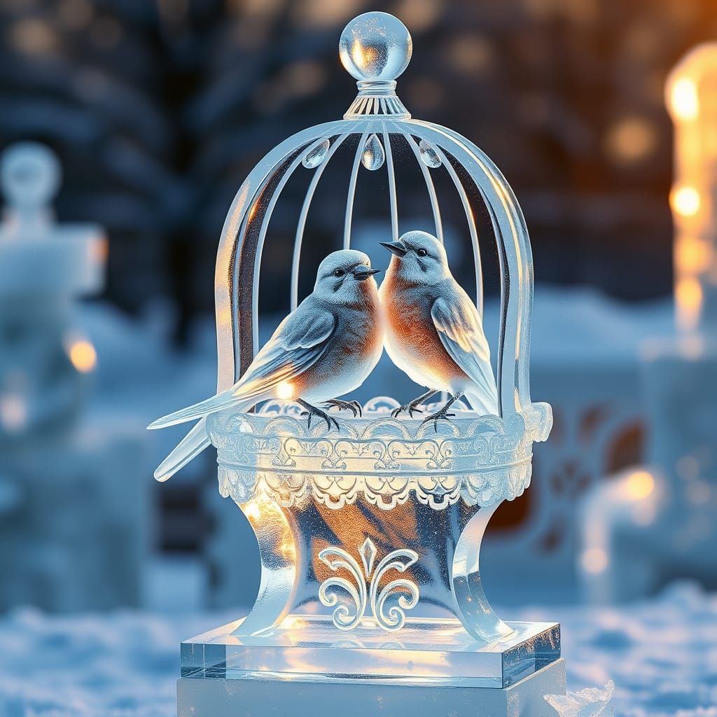 Crystal Clear Ice Sculpture of Birds in Ephemeral Winter Won...