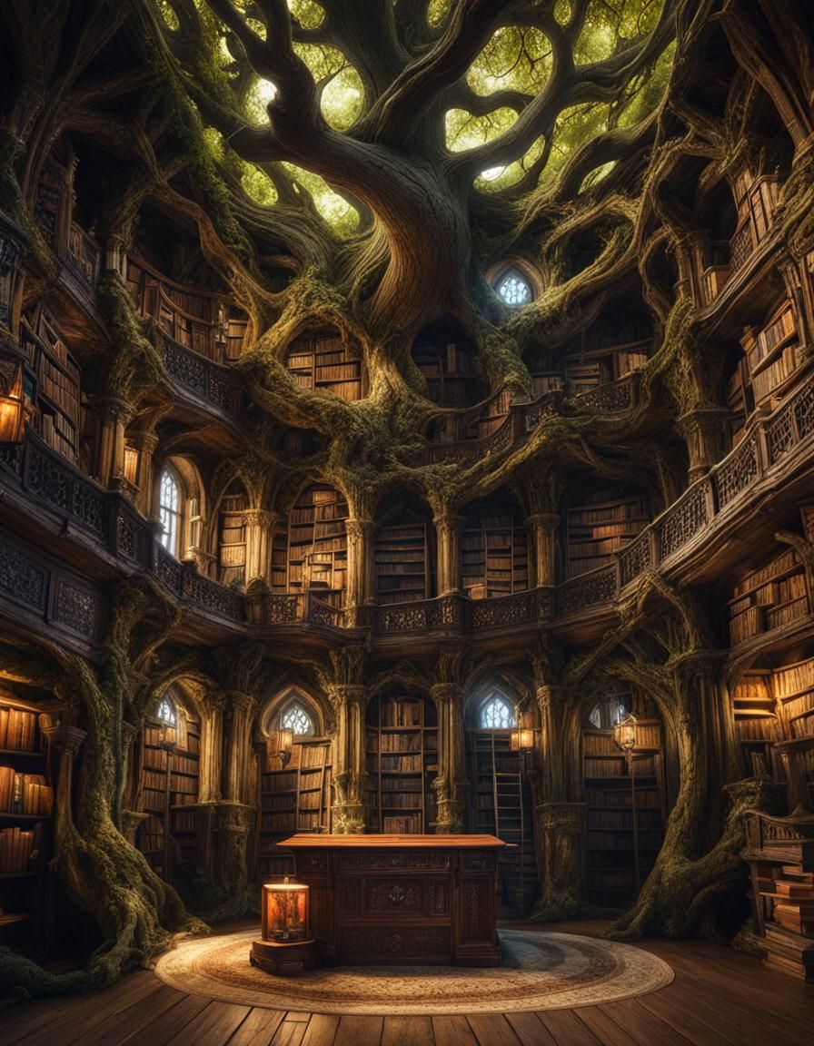 Medieval Library Inside Gnarled Oak, Digital Art