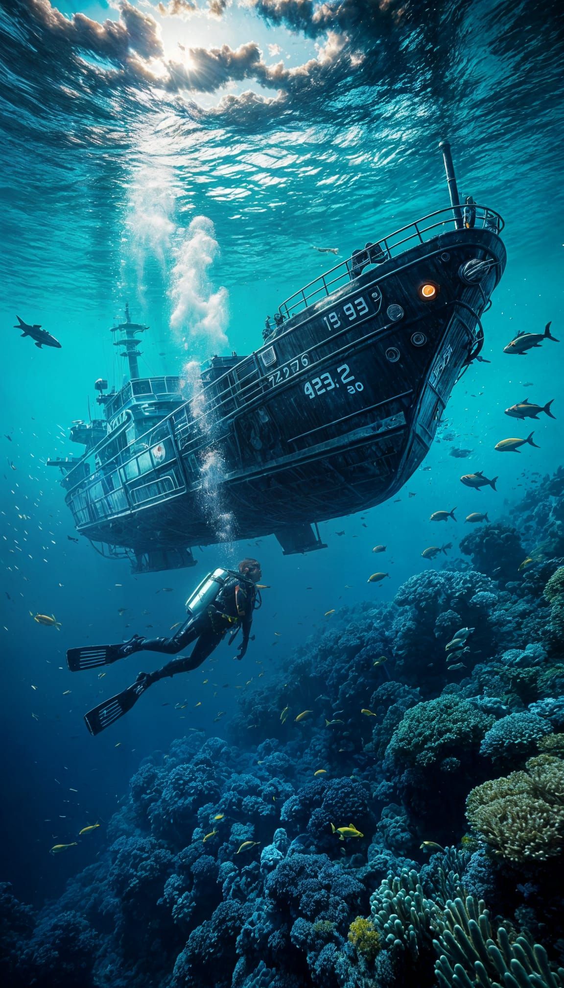 Cyberpunk Sunken Ship in Red Sea with Diver