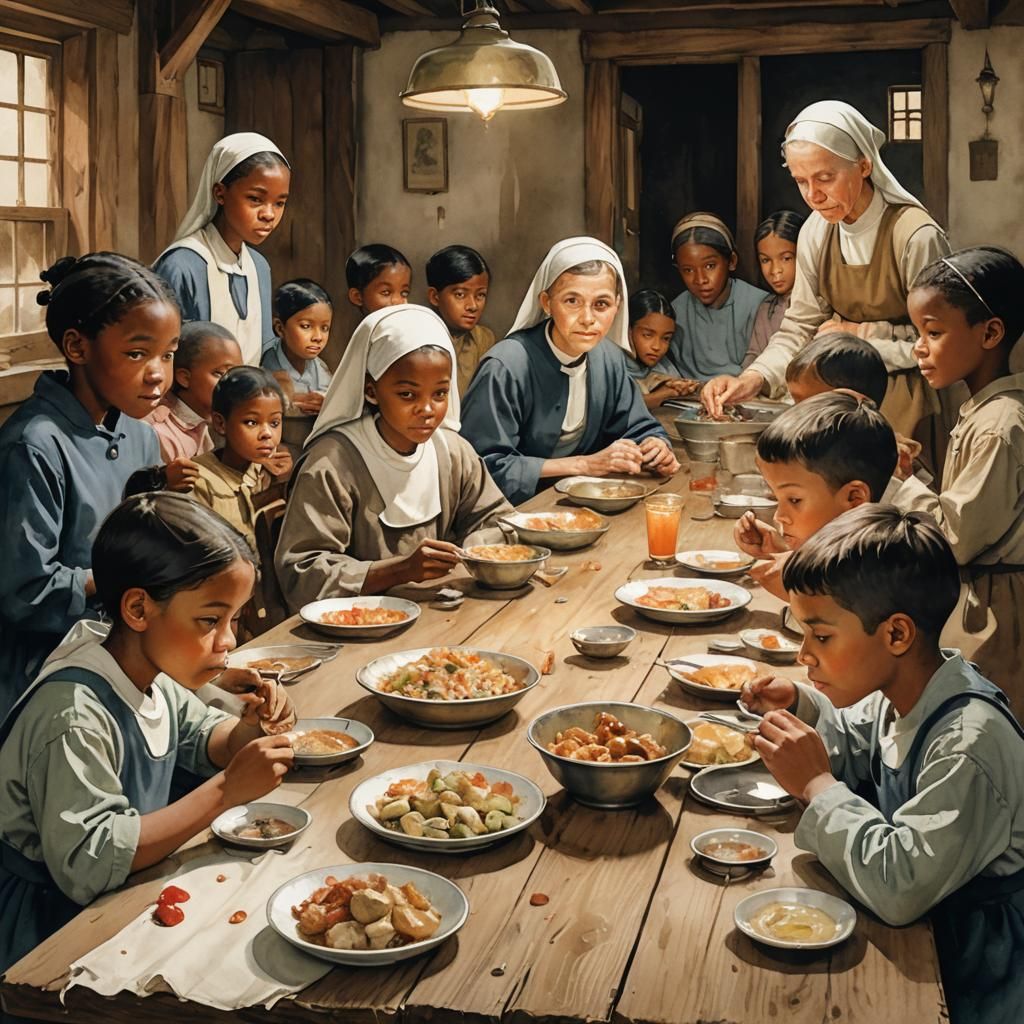 Orphanage Scene in Watercolor Illustration Style