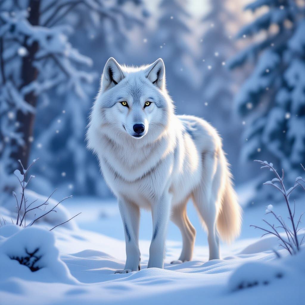 Majestic White Wolf in Winter Landscape as Matte Painting