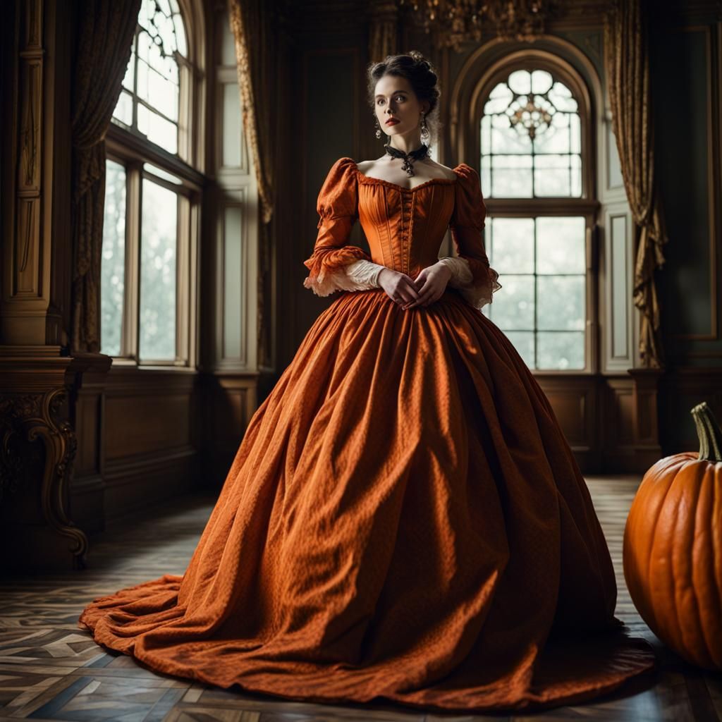 Victorian Woman with Pumpkin Dress in Gothic Room
