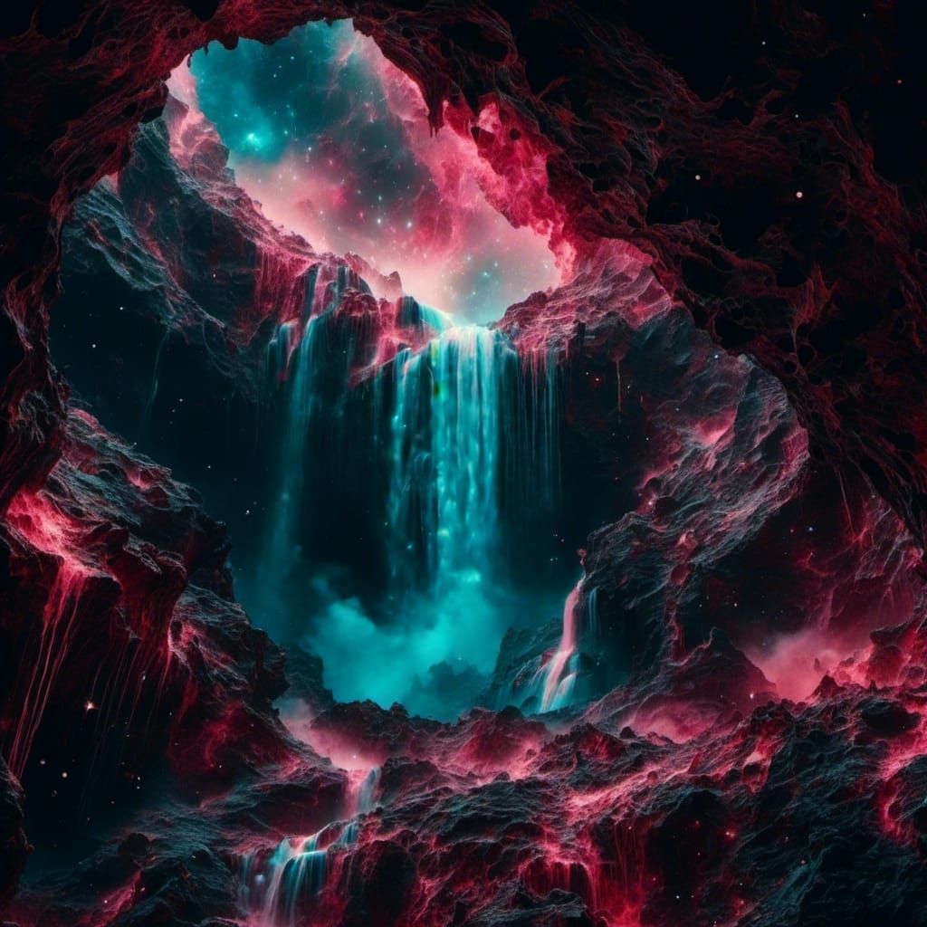 Surreal Nebula with Bioluminescent Spaceships and Waterfalls