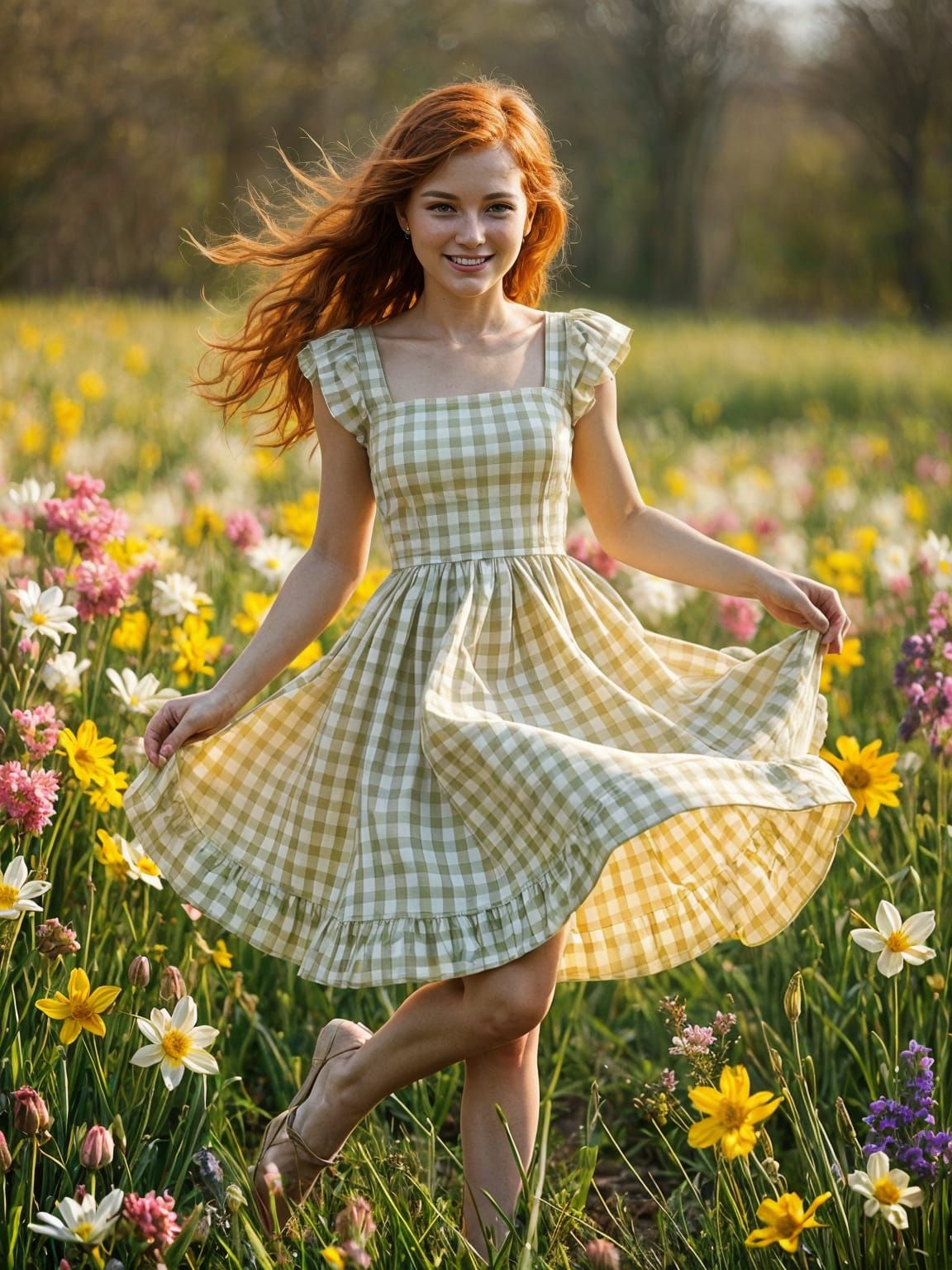 Gingham Beauty Dances Amidst Vibrant Spring Blooms