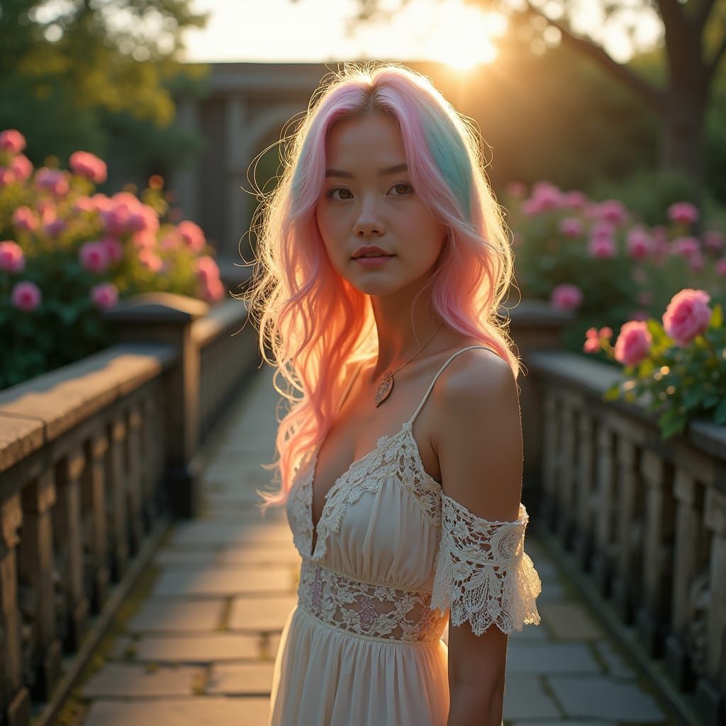 Woman with Rainbow Hair in Flower Garden
