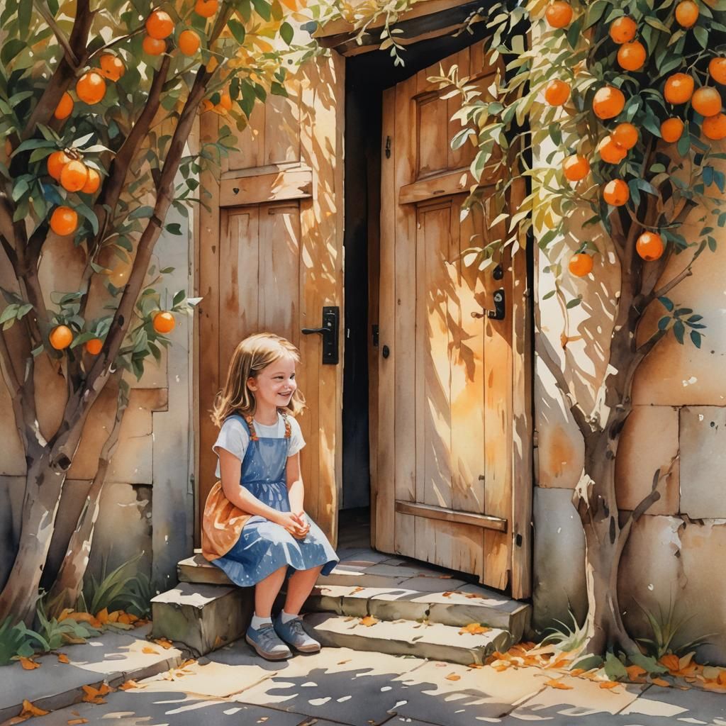 Girl in Orange Grove, Watercolor Impressionism