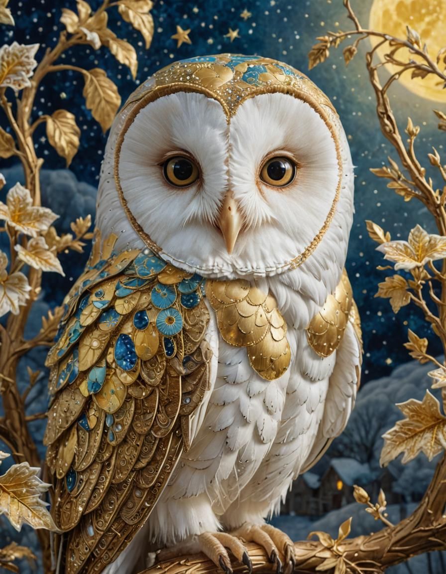 Velvet Barn Owl and Harvest Moon in Gothic Graffiti Art