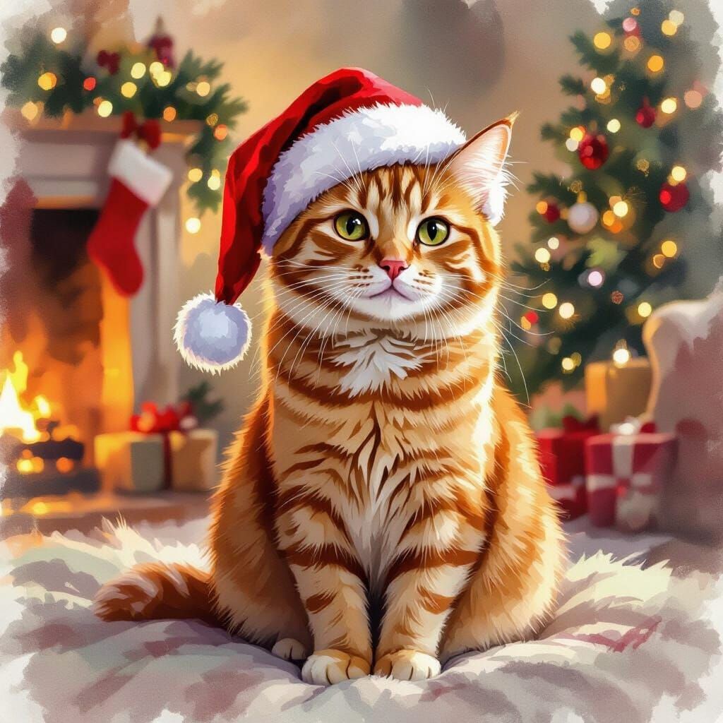 Ginger Cat in Santa Hat: Luminous Watercolor Christmas Scene