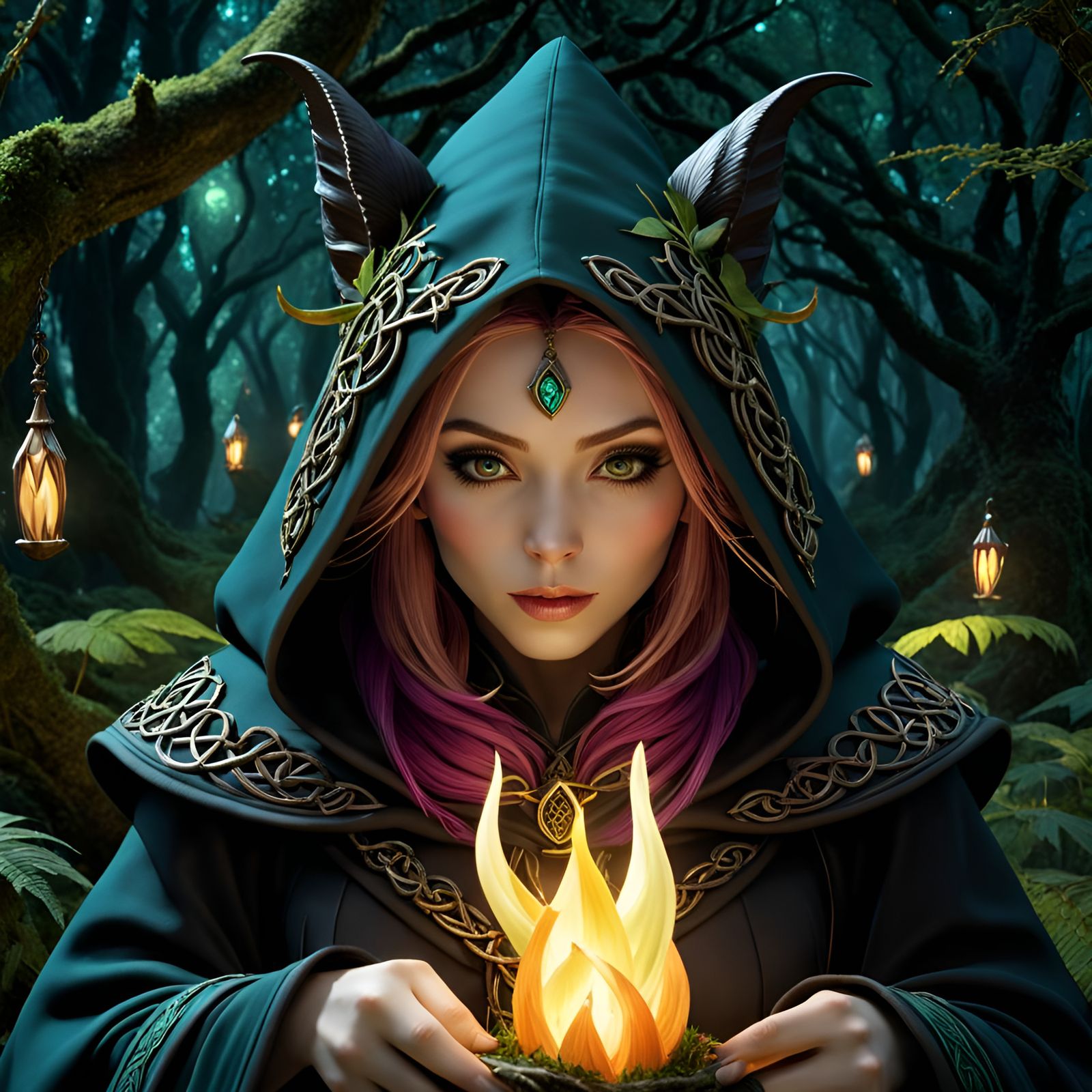 Dark Fairytale Sorcerer Channeling Magic in Forest