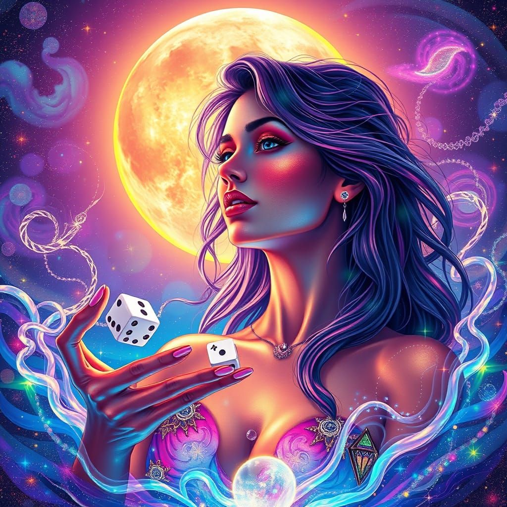 Dreamlike Woman Casting Dice Under Rainbow Moonglow