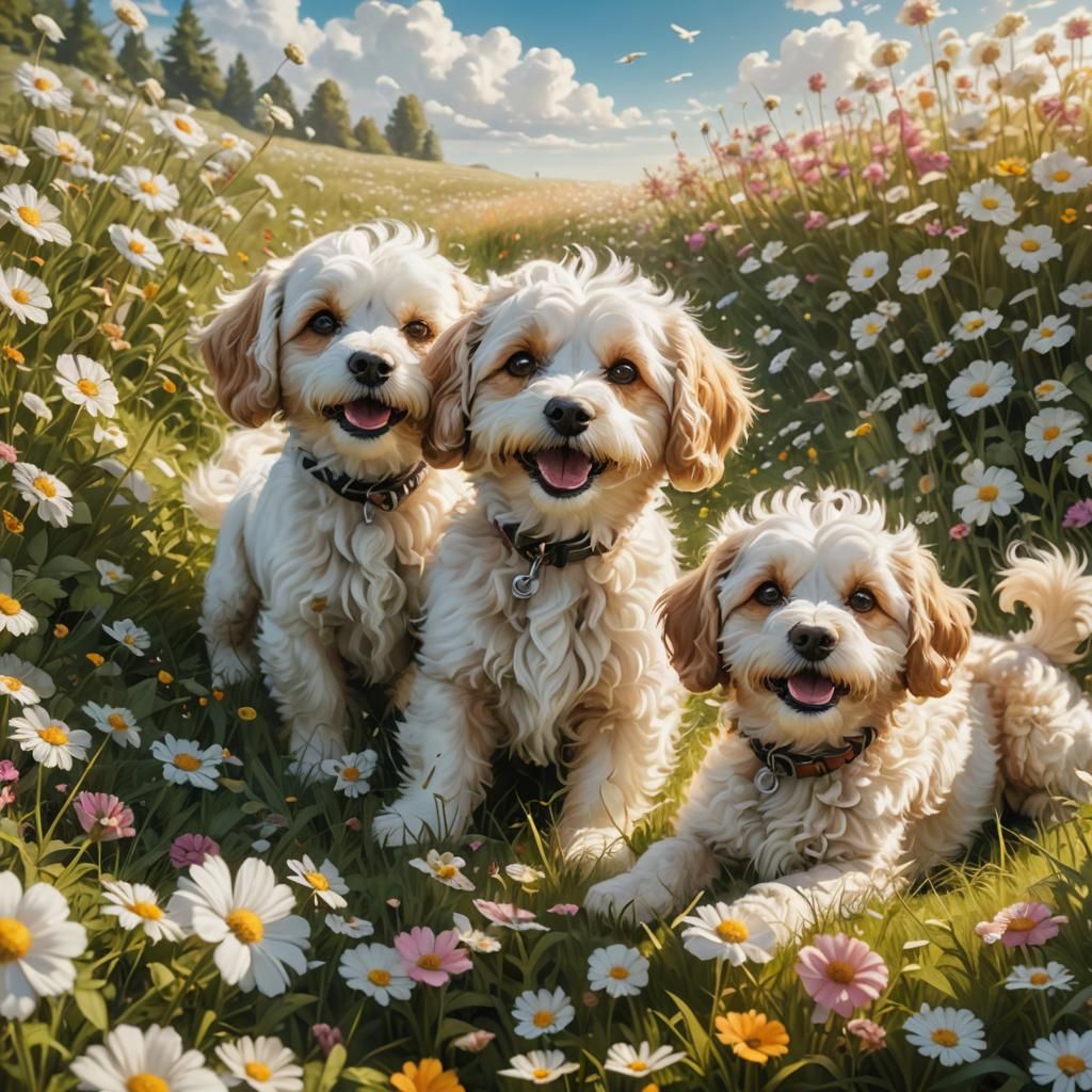 Cavachon Dogs Playing in Sunny Flower Meadow