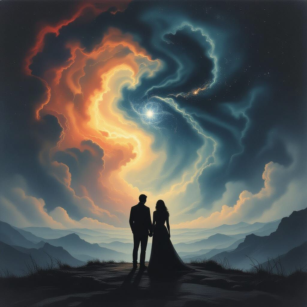 Couple Contemplating Cosmic Void in Dark Surreal Style