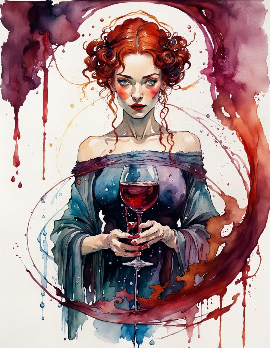 Sorceress Transforms Water to Wine: Watercolor Fantasy
