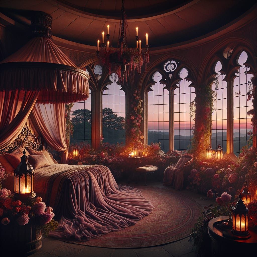Sumptuous Royal Bedroom in Tower at Twilight