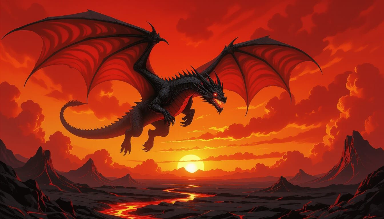 Fiery Dragon Soaring Above Lava Landscape