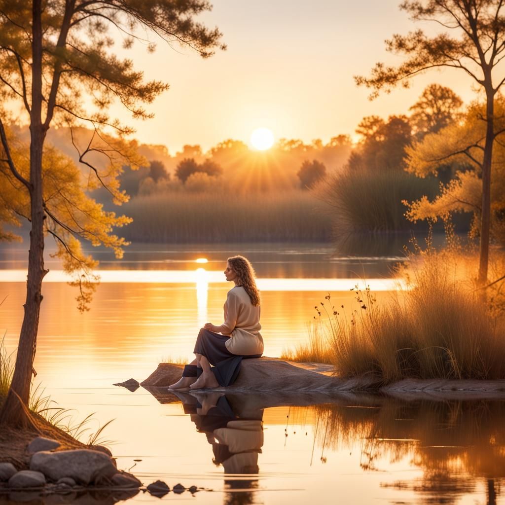 Contemplative Woman by Lake at Sunset