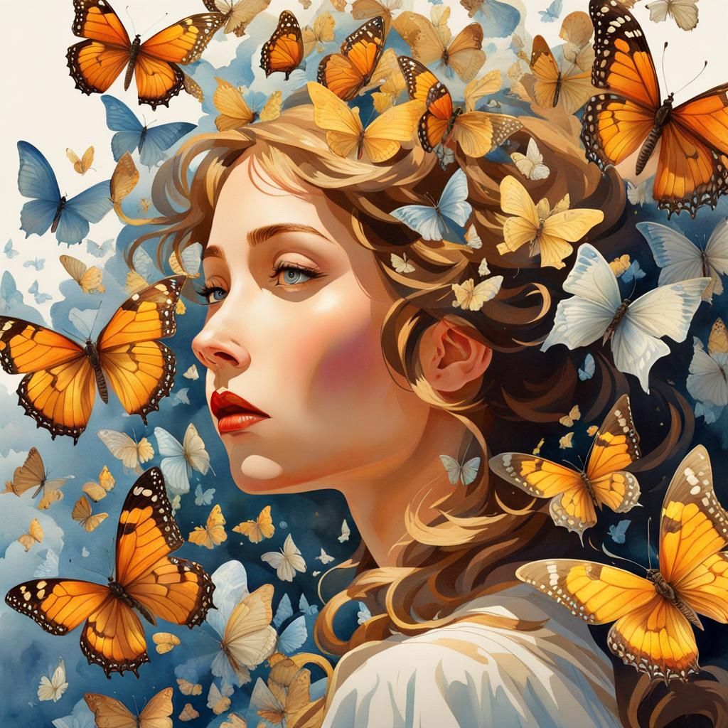 Girl with Butterflies in Surrealist Gouache Style