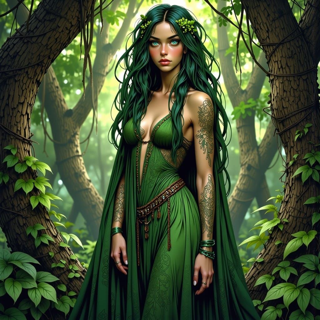 Green Goddess in Lush Forest, Digital Art