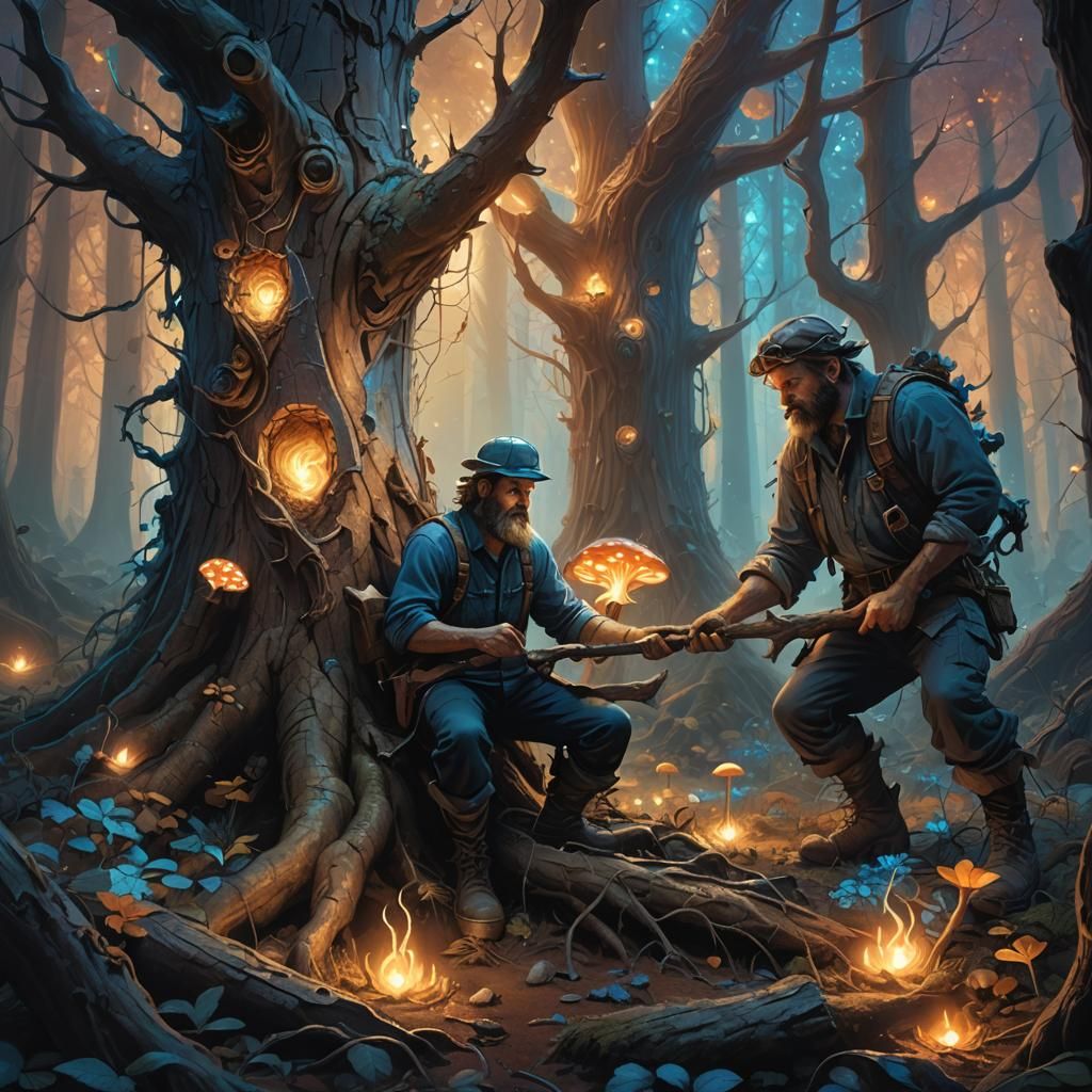Lumberjack Cutting Down a Glowing Tree