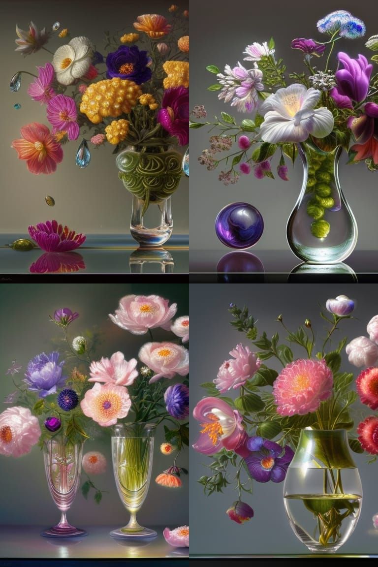 Floral Abundance in Glass Vases, Hyperrealistic Style