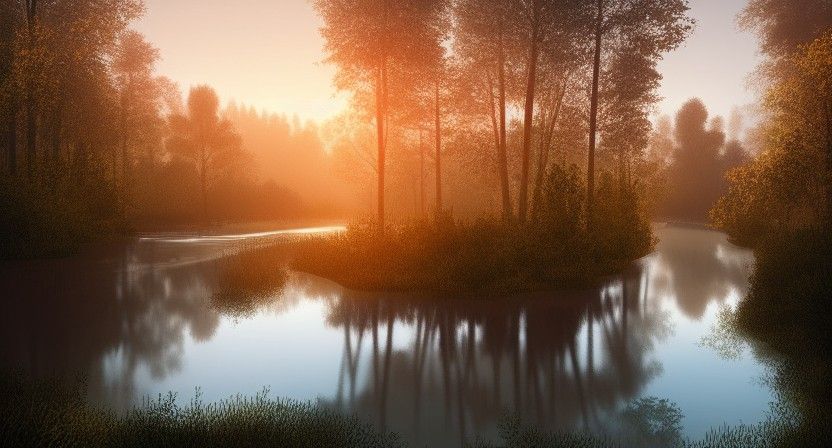 Forest River Sunrise in Vector Art Style