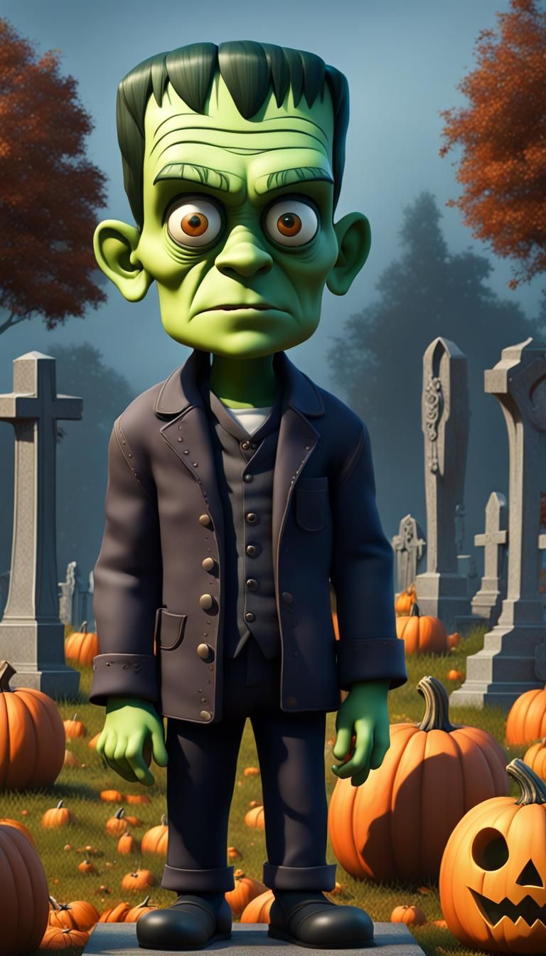 Frankenstein Monster in Cemetery, Pixar-Style 3D Render