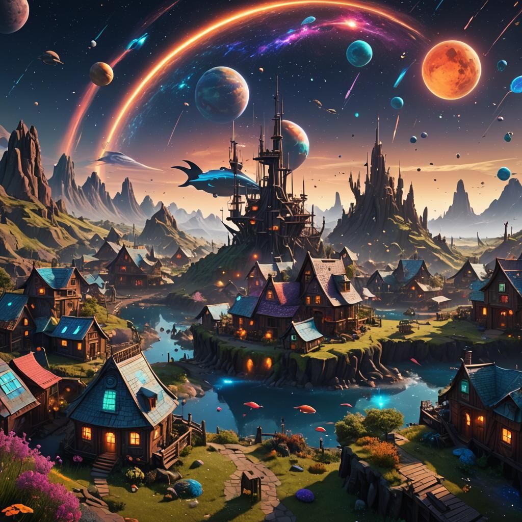 Colorful Planet Village with Meteor Showers