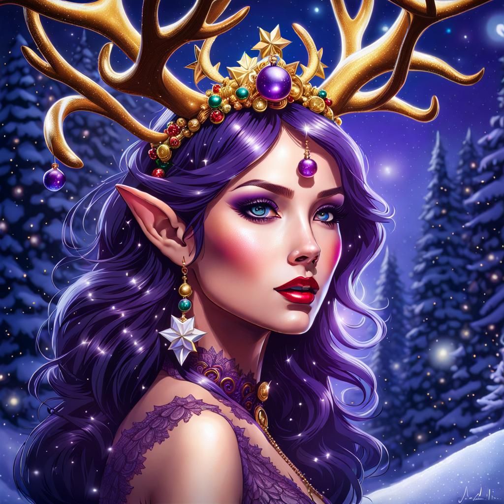 Whimsical Christmas Elf Portrait in Dark Purple