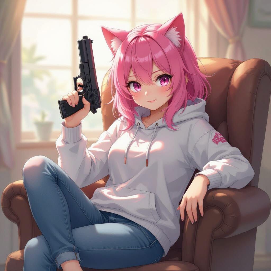 Anime Catgirl with Gun in Kawaii Style